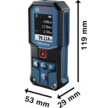 Profesionální laserový dálkoměr Bosch o rozměrech 119 mm na výšku, 53 mm na šířku a 29 mm do hloubky.