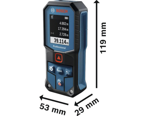 Profesionální laserový dálkoměr Bosch o rozměrech 119 mm na výšku, 53 mm na šířku a 29 mm do hloubky.