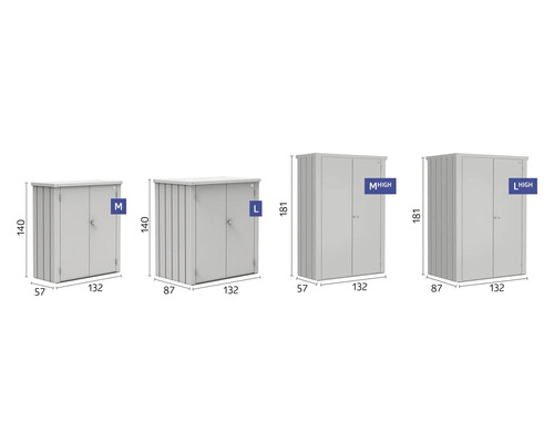 Různé kovové skříně velikostí M, L, M High a L High s rozměry