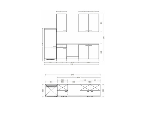 Rozměry kuchyňské linky s horními a spodními skříňkami a odpovídajícími rozměry