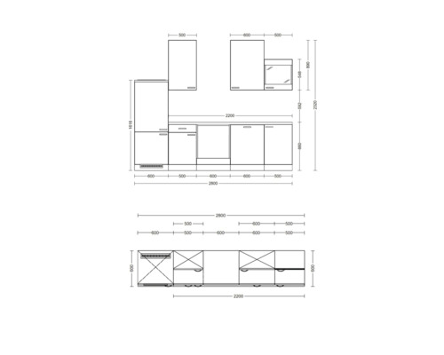 Nákres kuchyně s rozměry pro plánování kuchyně