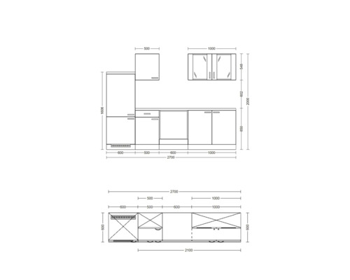 Nákres kuchyňské linky s rozměry.