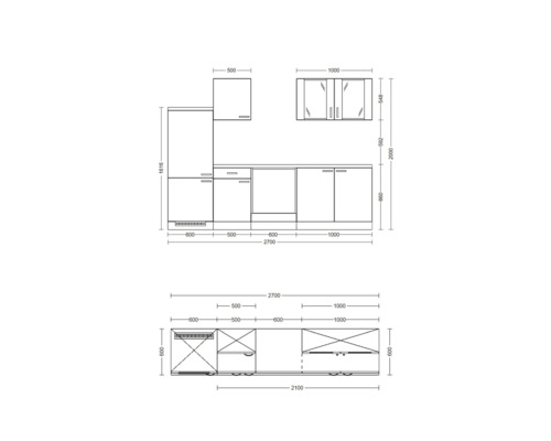 Nákres kuchyňské linky s rozměry