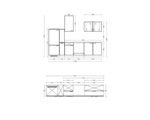 Technický nákres kuchyně s rozměry