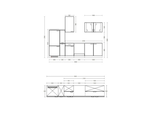 Návrh kuchyně s rozměry v milimetrech