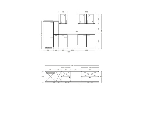 Kresba kuchyňského nábytku s rozměry