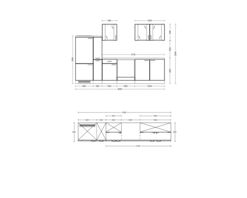 Nákres kuchyňské linky s rozměry.