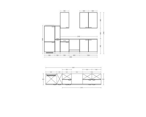 Technický výkres kuchyně s rozměry