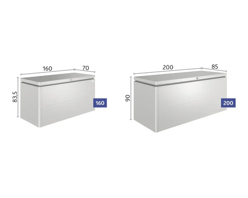 Obrázek dvou úložných boxů v různých velikostech s rozměry