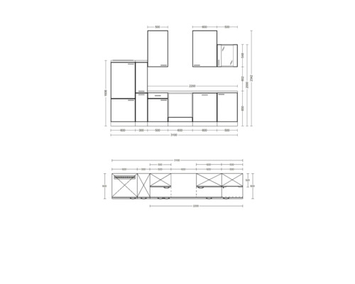 Technický nákres kuchyně s rozměry