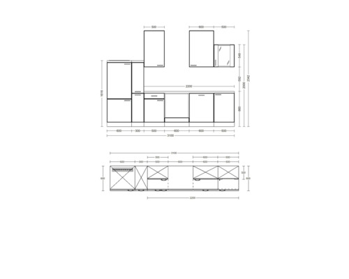 Rozměrový nákres kuchyňské linky se závěsnými skříňkami, spodními skříňkami a pracovní deskou.