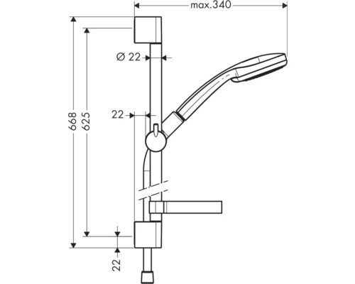 Technický výkres sprchové tyče s ruční sprchou a rozměry