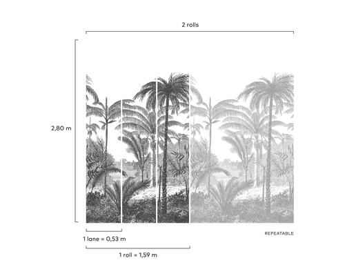 Tapeta se vzorem palem a údaji o velikosti