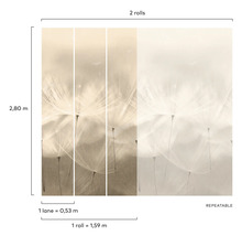Tapeta s motivem pampelišky, dvě role, opakovatelný vzor, výška 2,80 metru, jeden pruh je 0,53 metru široký, jedna role je 1,59 metru široká