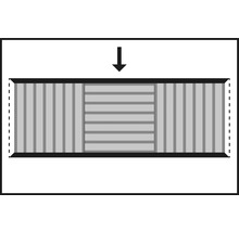 Znázornění posuvného dveřního systému s vertikálními a horizontálními lamelami a šipkou dolů.