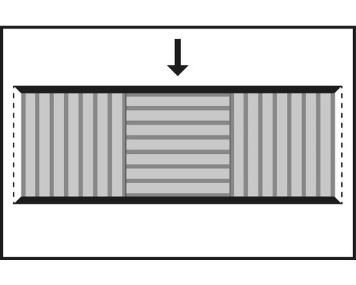 Znázornění posuvného dveřního systému s vertikálními a horizontálními lamelami a šipkou dolů.