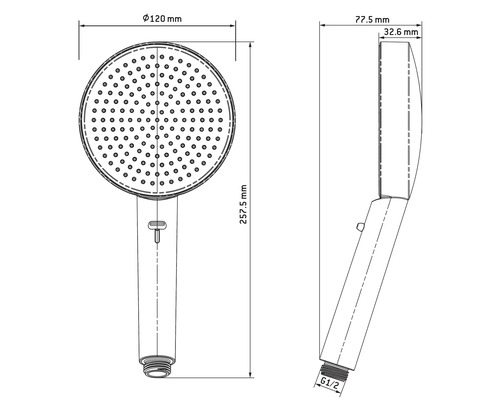 Technický nákres sprchové hlavice s rozměry
