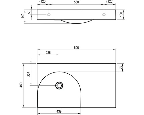 Technický nákres umyvadla s rozměry