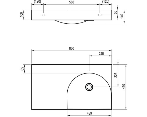 Technický nákres umyvadla s rozměry