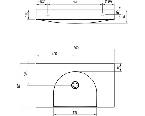 Technický výkres umyvadla s rozměry