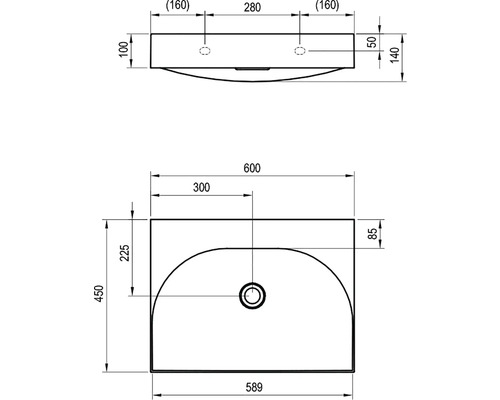 Technický nákres umyvadla s rozměry