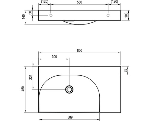 Technický nákres umyvadla s rozměry