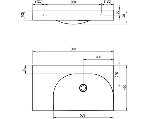 Technický nákres umyvadla s rozměry