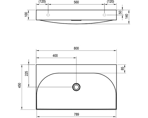 Technický výkres umyvadla s rozměry