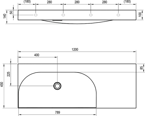 Technický výkres umyvadla s rozměry