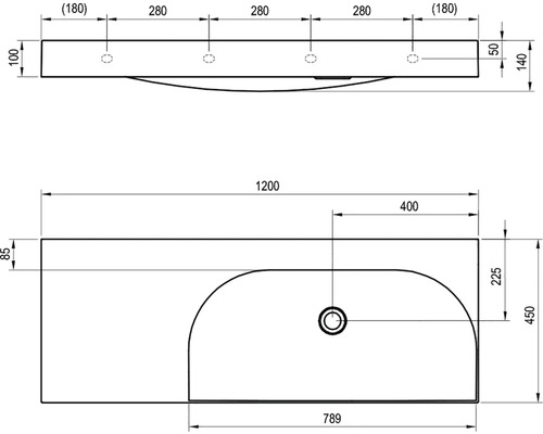 Technický nákres umyvadla s rozměry