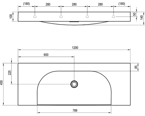 Technický nákres umyvadla s rozměry