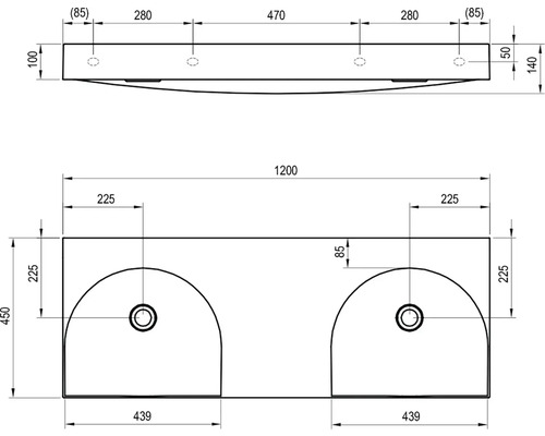 Technický nákres umyvadla s dvojitým umyvadlem a rozměry