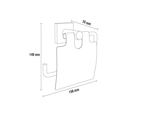 Rozměry držáku toaletního papíru: výška 140 mm, šířka 150 mm a hloubka 70 mm.