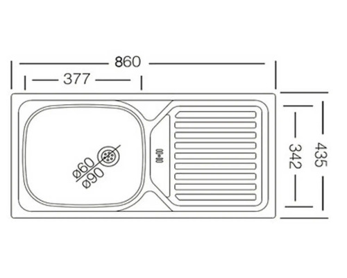 Technický nákres dřezu s rozměry