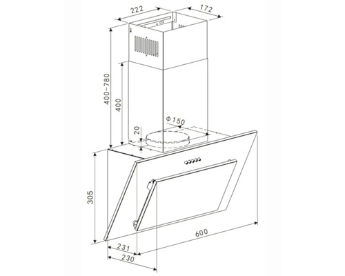 Technický nákres odsavače par s rozměry