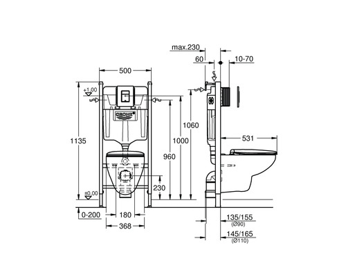 Technický výkres toalety s nádržkou a rozměry