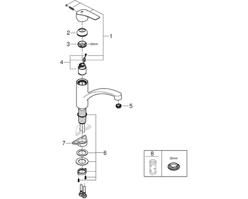 Rozkreslený nákres kuchyňské baterie s jednotlivými díly