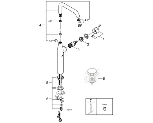Rozkreslený nákres armatury s jednotlivými díly a sestavami.