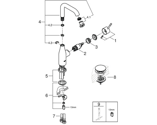 Rozkreslený nákres umyvadlové baterie s díly