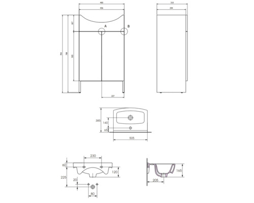 Technický výkres skříňky pod umyvadlo s rozměry