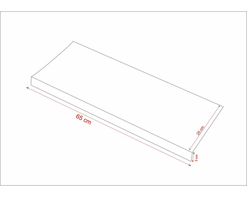 Nákres dřevěné desky o délce 65 centimetrů, šířce 25 centimetrů a výšce 3 centimetry