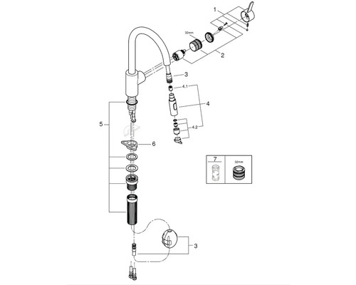 Rozkreslený nákres kuchyňské baterie s flexibilní hadicí a souvisejícími jednotlivými díly.