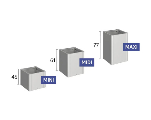 Tři květináče velikostí Mini, Midi a Maxi s rozměry