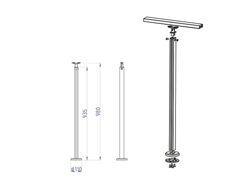 Technický nákres zábradlí s rozměry