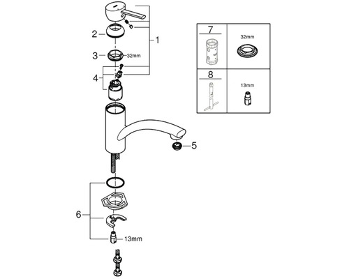 Rozkreslený nákres vodovodní baterie s očíslovanými jednotlivými díly