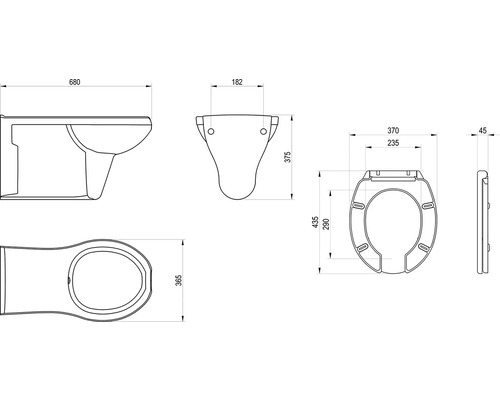 Technický nákres závěsné toalety s rozměry