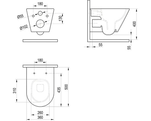 Technický výkres závěsného WC s rozměry
