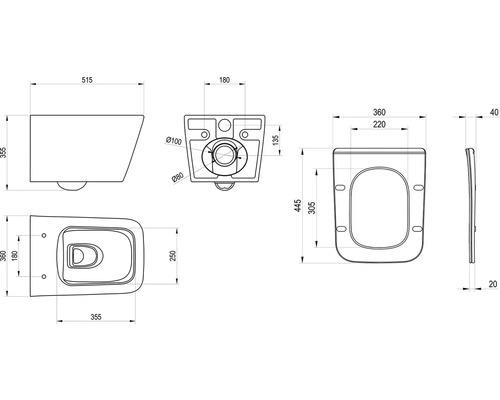 Technický nákres závěsného WC s rozměry