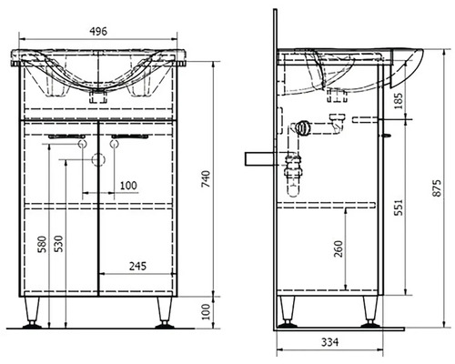 Technický výkres skříňky pod umyvadlo s rozměry