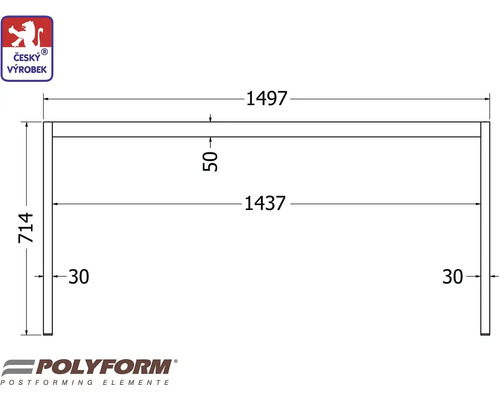 Technický výkres stolové desky o rozměrech 1497 x 714 milimetrů